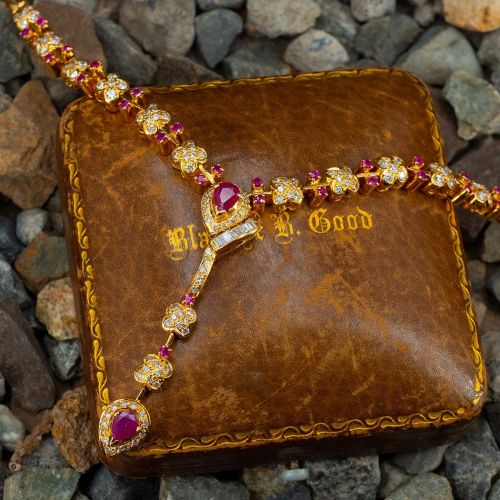 Gorgeous Fancy Link Ruby & Diamond Necklace 18K Yellow Gold