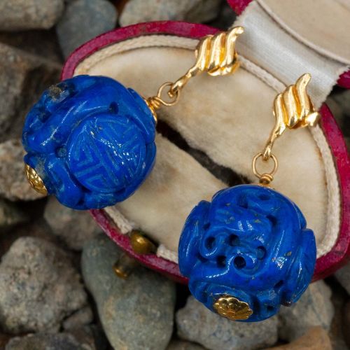 Large Carved Lapis Bead Earrings 14K Yellow Gold