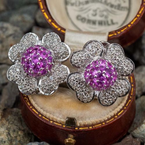 Floral Design Pink Sapphire & Diamond Earrings 18K White Gold