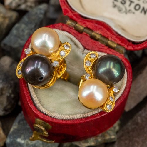 Elegant Twin Pearl Earrings w/ Diamonds 14K Yellow Gold