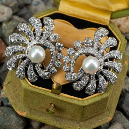 Vintage 1950's Pearl & Diamond Earrings 18K White Gold
