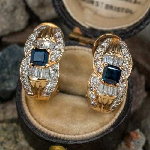 Vintage Sapphire & Diamond Earrings 14K Yellow Gold