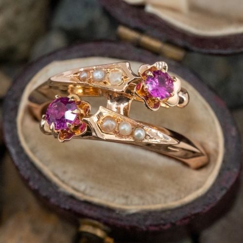 Retro Vintage Ruby & Seed Pearl Ring 18K Rose Gold Size 7