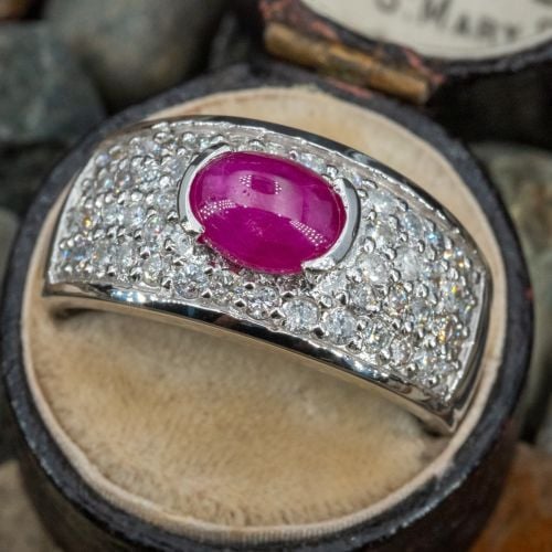 Beautiful Oval Cabochon Ruby Ring 14K White Gold