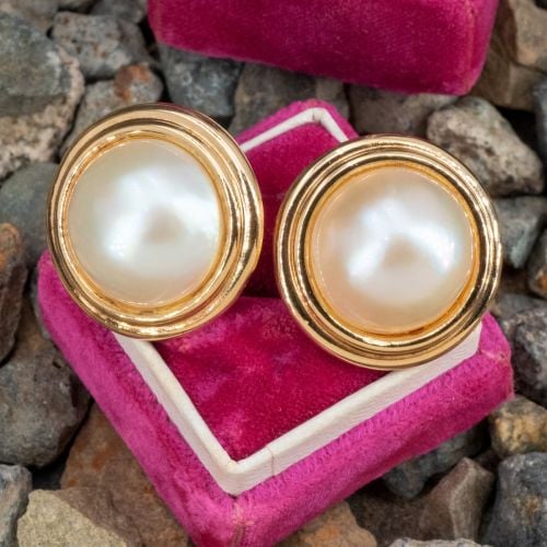 Estate Cultured Mabe Pearl Earrings 14K Yellow Gold