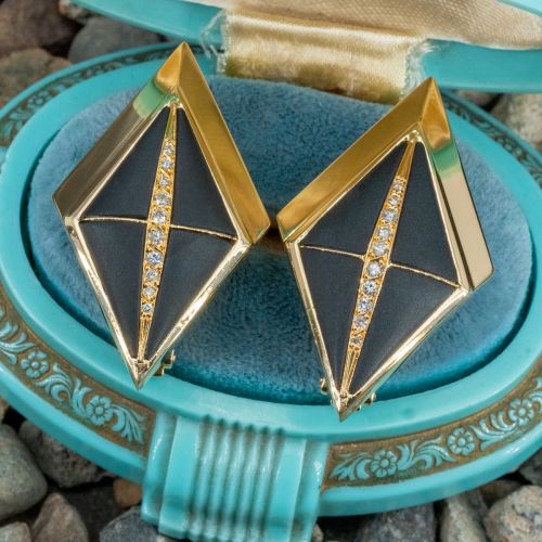 Rosa Bisbe Diamond & Onyx Inlay Earrings Clip-On 18K Yellow Gold