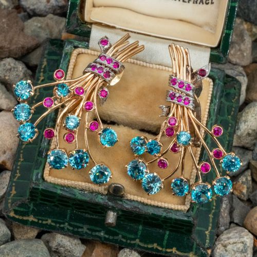 Vintage Zircon & Created Ruby Bouquet Design Clip-On Earrings  