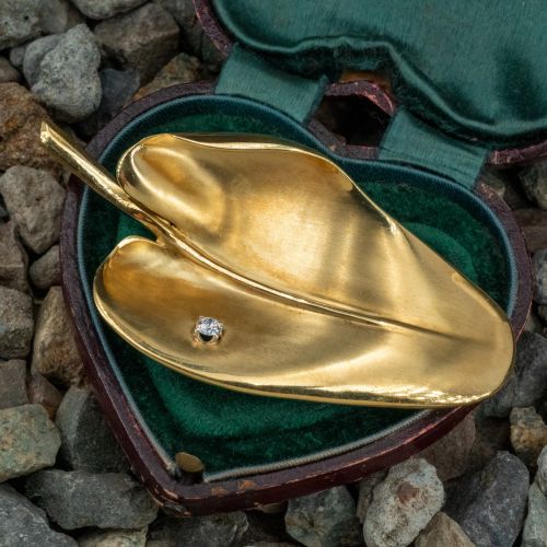 Substantial Leaf Motif w/ Diamond Brooch Pin 18K Yellow Gold