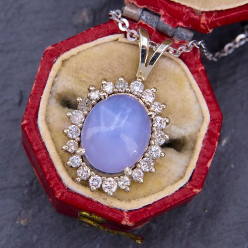 Gorgeous Blue Agate & Diamond Halo Pendant Necklace 14K White Gold