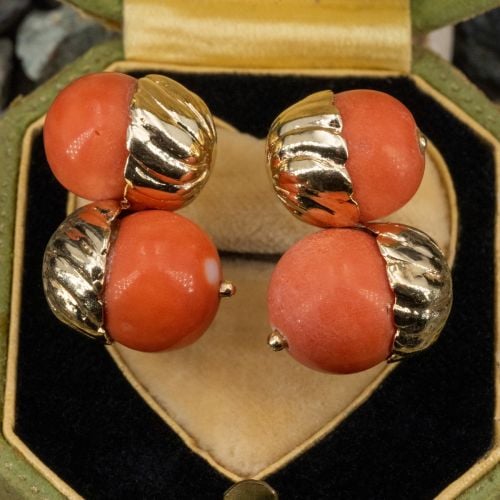 Vintage Coral Sphere Earrings 14K Yellow Gold