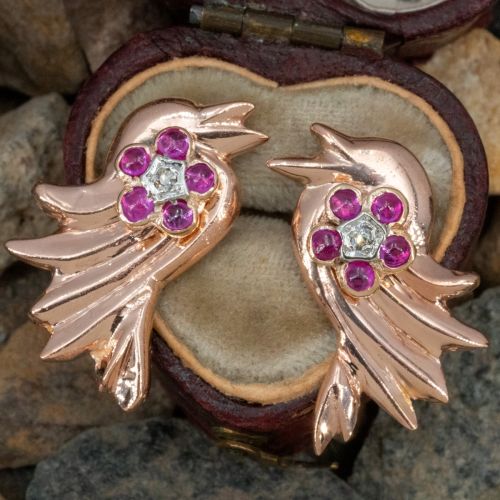 Retro Vintage 14K Rose Gold Bird Motif Earrings w/ Diamond & Ruby