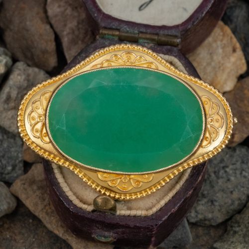 Arts And Crafts Chrysoprase Brooch Pin 18K Yellow Gold