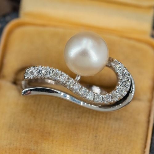 Stylized Pearl & Diamond Swirl Ring 18K White Gold