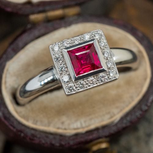 Spark Creations Ruby & Diamond Halo Ring 18K White Gold