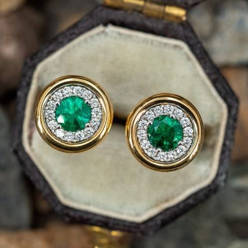 Spark Round Emerald Earrings w/ Diamond Halo 18K Yellow Gold
