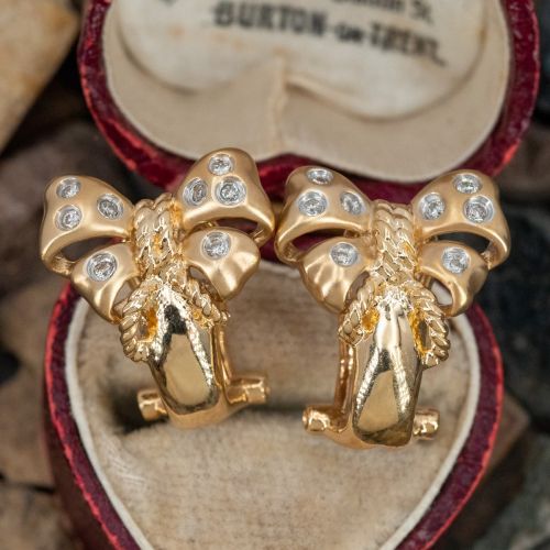Matte Finish Diamond Bow Earrings 14K Yellow Gold