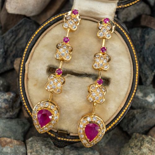 Diamond & Ruby Dangle Earrings 18K Yellow Gold