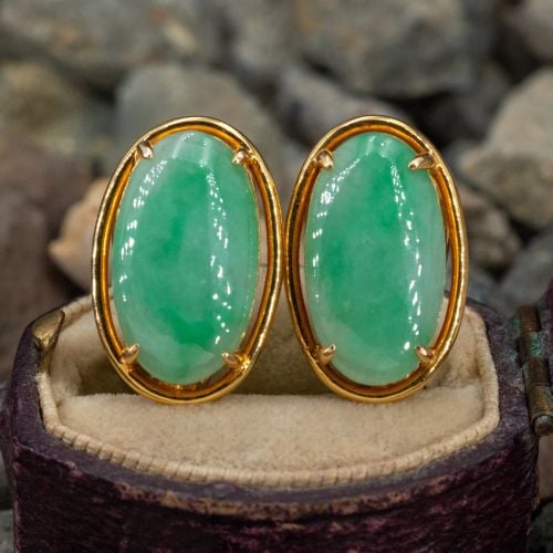 Oval Cabochon Jade Earrings 14K Yellow Gold 
