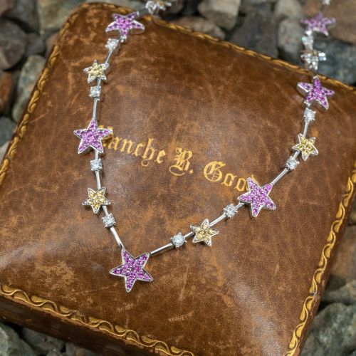 Yellow & Pink Sapphire Star Necklace w/ Diamonds 18K White Gold