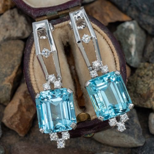 Vintage Aquamarine Dangle Earrings w/ Diamonds 14K White Gold