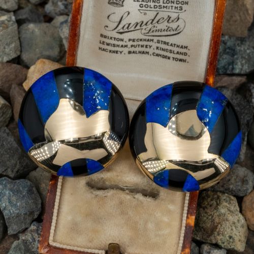 Estate Onyx & Lapis Lazuli Inlay Earrings 18K Yellow Gold