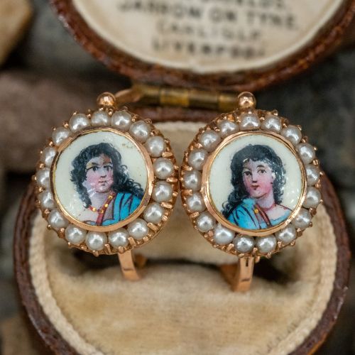 Painted Cameo & Seed Pearl Earrings 14K Rose Gold