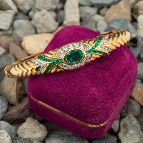 Emerald & Diamond Bangle Bracelet 18K Yellow Gold