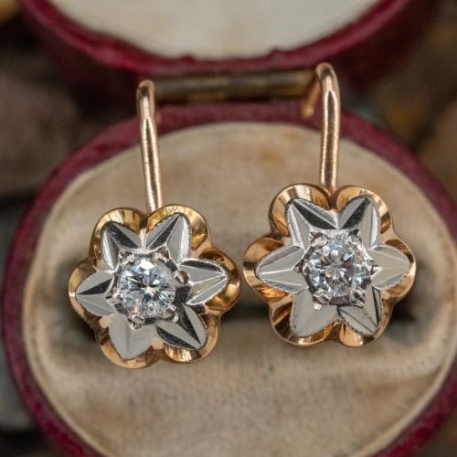 Lovely Russian Diamond Drop Earrings 14K Rose Gold