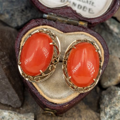 Beautiful Oval Red Coral Stud Earrings Yellow Gold