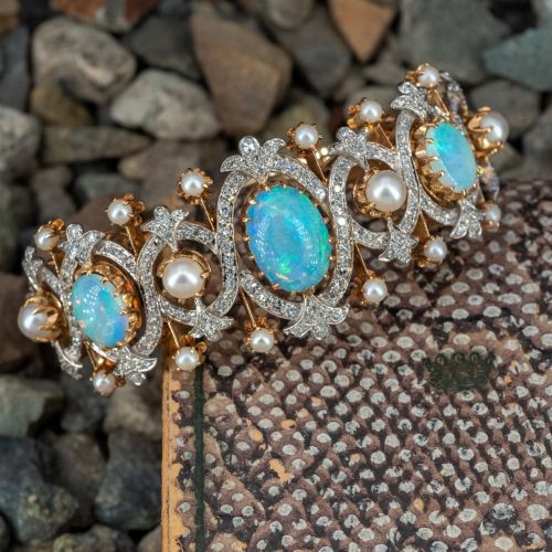 Vintage Opal, Pearl & Diamond Bangle Bracelet 14K Yellow Gold