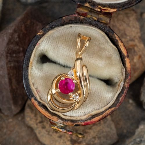 Lovely Ruby Pendant w/ Diamond Accents 14K Yellow Gold
