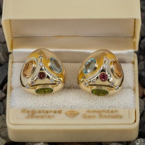 Multi Gemstone & Diamond Earrings 14K Yellow Gold Clip-Ons