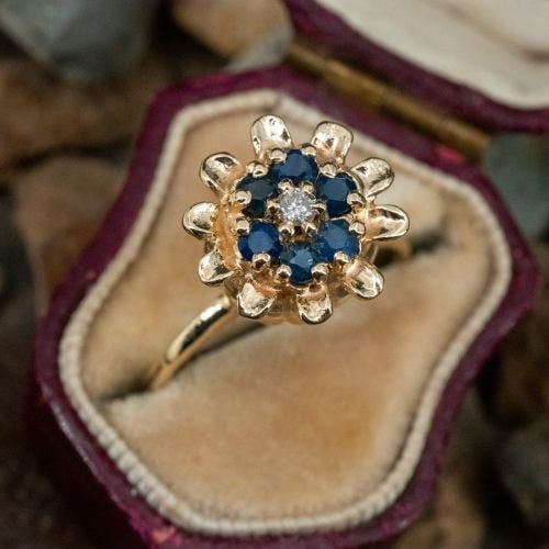 Diamond & Sapphire Flower Ring 14K Yellow Gold