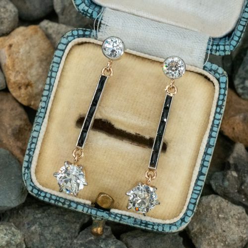 Old Cut Diamond Antique Dangle Earrings w/ Onyx Accent 18K Yellow Gold