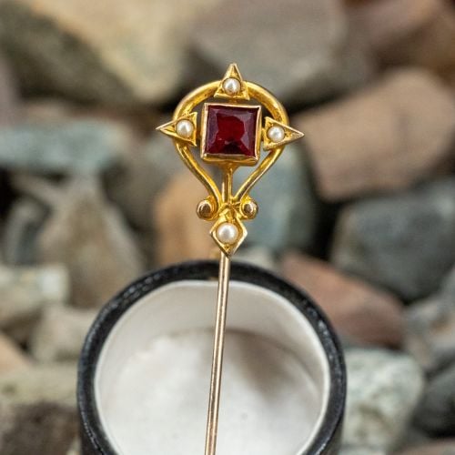 Yellow Gold Red Glass & Seed Pearl Stick Pin