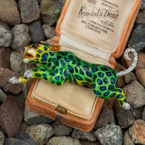 Enamel Leopard Brooch w/ Diamonds 18K Two Tone Gold