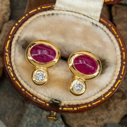 Oval Cabochon Ruby & Diamond Drop Earrings 18K Yellow Gold