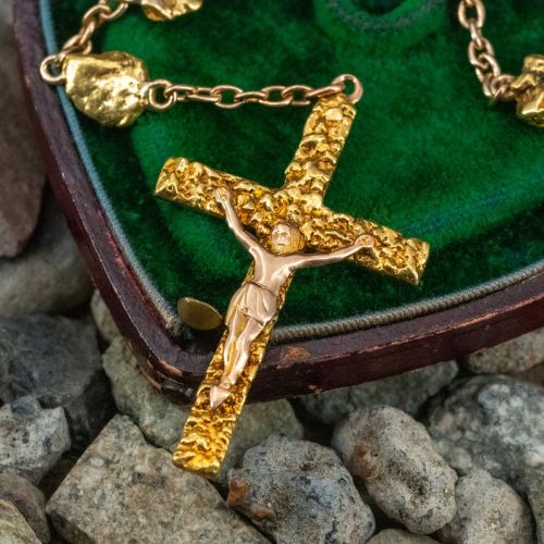 Beautiful Crucifix 27-Inch Chain w/ Gold Nugget Motif 14K Yellow Gold