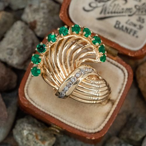 Emerald Fan Ring w/ Diamond Accents 14K Yellow Gold