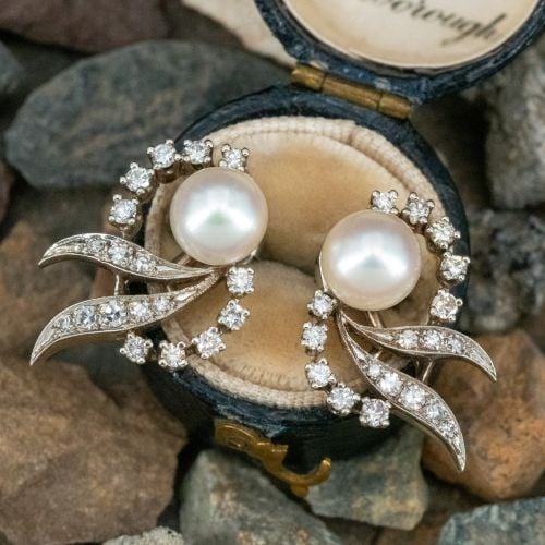 Vintage Saltwater Pearl & Diamond Earrings 14K White Gold