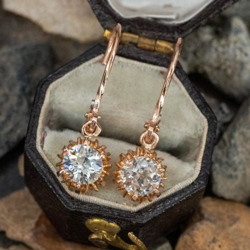 Old European Cut Diamond Dangle Earrings 14K Rose Gold