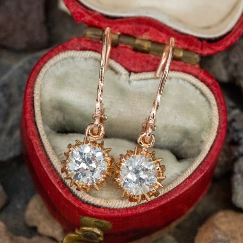 14K Rose Gold Old European Cut Diamond Dangle Earrings