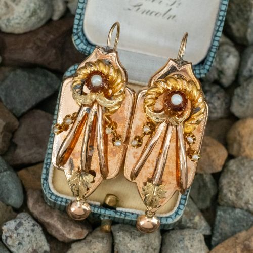 Victorian Amethyst & Seed Pearl Earrings 14K Yellow Gold