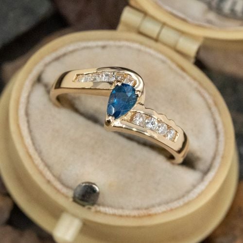 Pear Cut Sapphire Ring w/ Diamond Accents 14K Yellow Gold