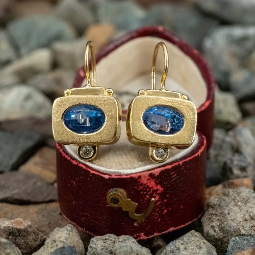 Blue Sapphire & Diamond Earrings 18K Yellow Gold