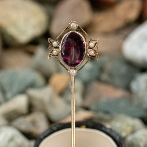 Amethyst & Seed Pearl Yellow Gold Stick Pin