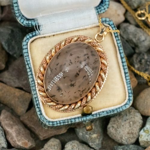 Circa 1880 Victorian Mottled Agate Pendant w/ Chain Two Tone Gold