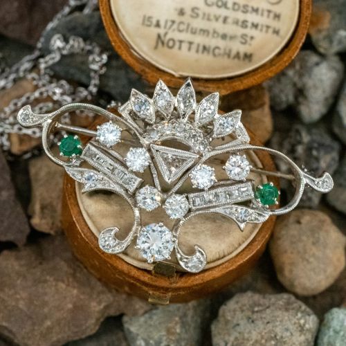 Vintage Diamond & Emerald Pendant/Brooch 14K White Gold
