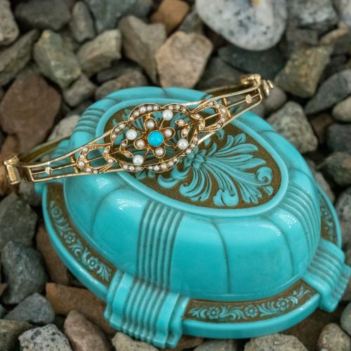 Beautiful Turquoise & Seed Pearl Bangle Bracelet 14K Yellow Gold