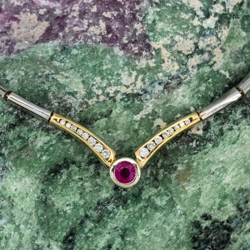 Ruby & Diamond Necklace 14K Two Tone Gold